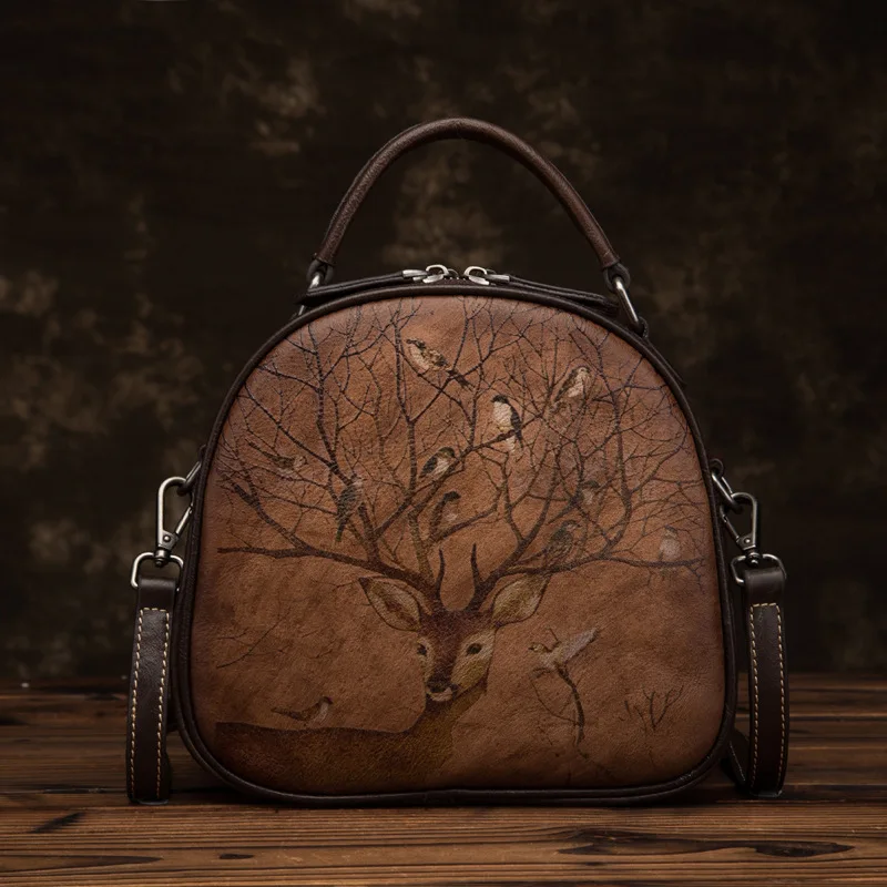 Стиль ретро-красный олень птица одно плечо из натуральной кожи - Цвет: Dark Brown