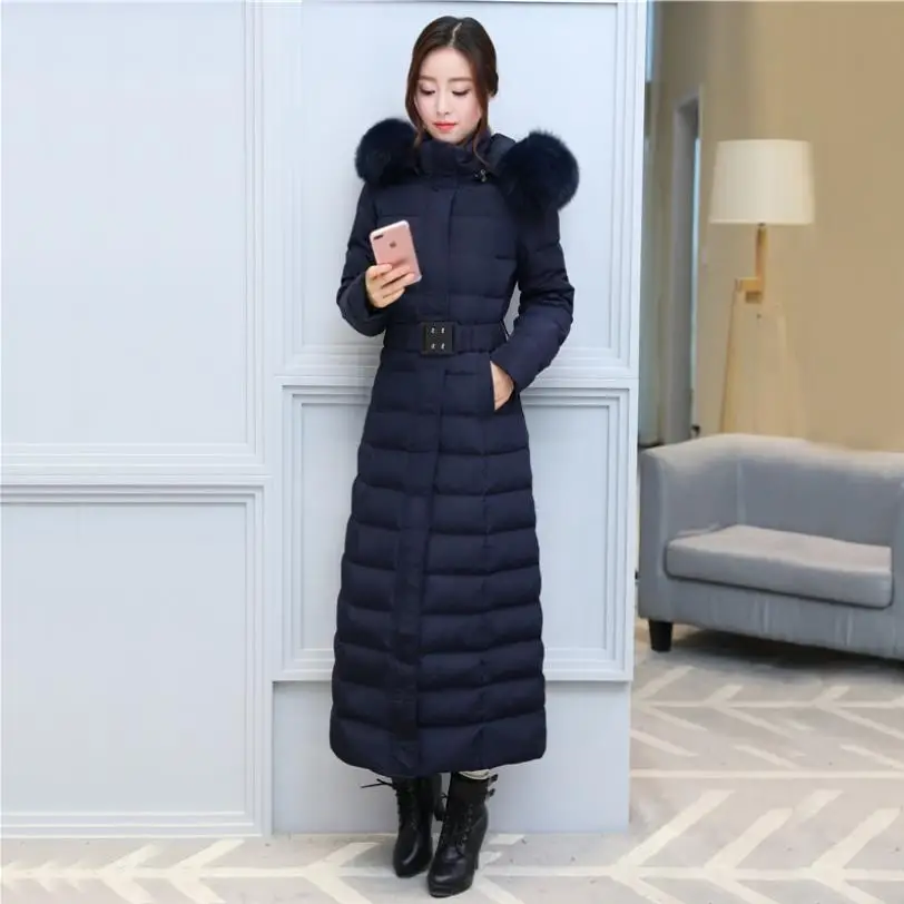 

S- 3XL plus size Winter over the knee X-long 95% Duck down coat female thick warm Down Jacket real fox fur Parkas fit -30c F449