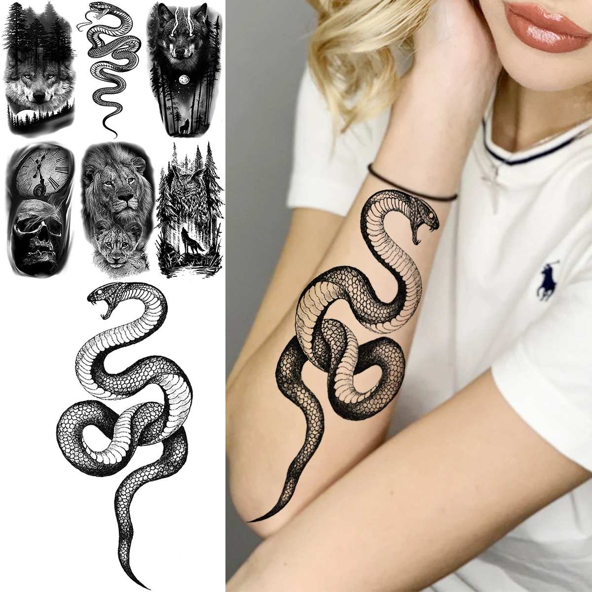Tatouage Serpent Avant Bras Femme Tatouages Temporaires Pour Femmes Adultes, Serpent Noir Réaliste, Sexy,  Avant-bras, Loup, Lion, Crâne, Forêt, Faux Tatouages, Art Corporel, Serpent  - Temporaire Tatouages - AliExpress