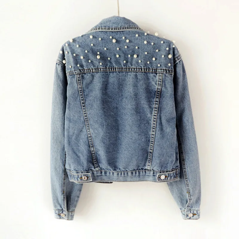 Women Pearl Embellished Denim Jacket With Long Sleeve JKP4722