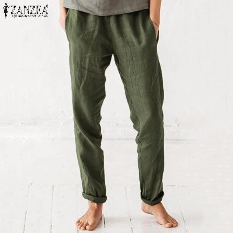 2019 ZANZEA Осенние повседневные длинные брюки хлопковые карманы Pantalon летние женские брюки Femme плюс размер эластичный пояс винтажные брюки 5xl