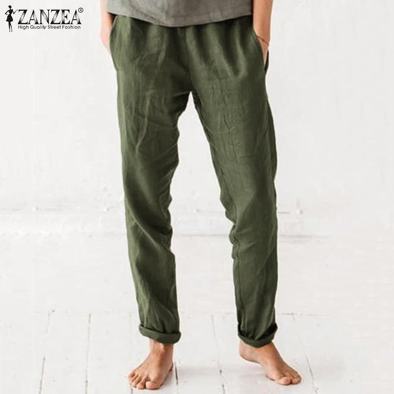 

2019 ZANZEA Autumn Casual Long Trouser Cotton Pockets Pantalon Summer Women Pants Femme Plus Size Elastic Waist Vintage Pant 5xl