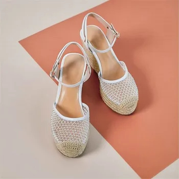 

Straw braided rhinestone mesh sand ladies round toe high heels black white strap high heels summer ladies casual sandals