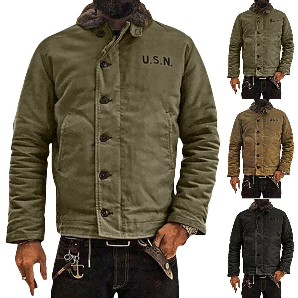 Winter Mens Coat Deck Army Military Windproof Retro Warm Navy Thick