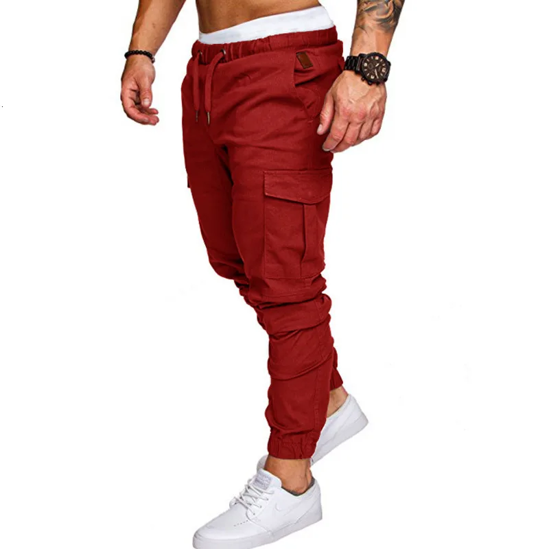 wine red Мужские брюки-карго размера плюс 4XL, повседневные штаны для бега с карманами на молнии и завязками, спортивная одежда, мужские однотонные брюки для фитнеса - Цвет: wine red
