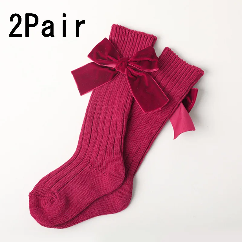 2 pair Deep Red Длинные носки для девочек; детские носки; хлопковые кружевные Гольфы с оборками; 2 пар/лот; носки принцессы с бантом для маленьких девочек - Цвет: 2 pair Deep Red