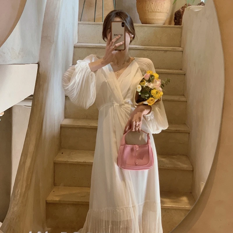 

Print Pleated Dress Spring Summer Chic Floral Puff Sleeve V-Neck Elegant Chiffon White Dress Women Vintage Loose Vestidos