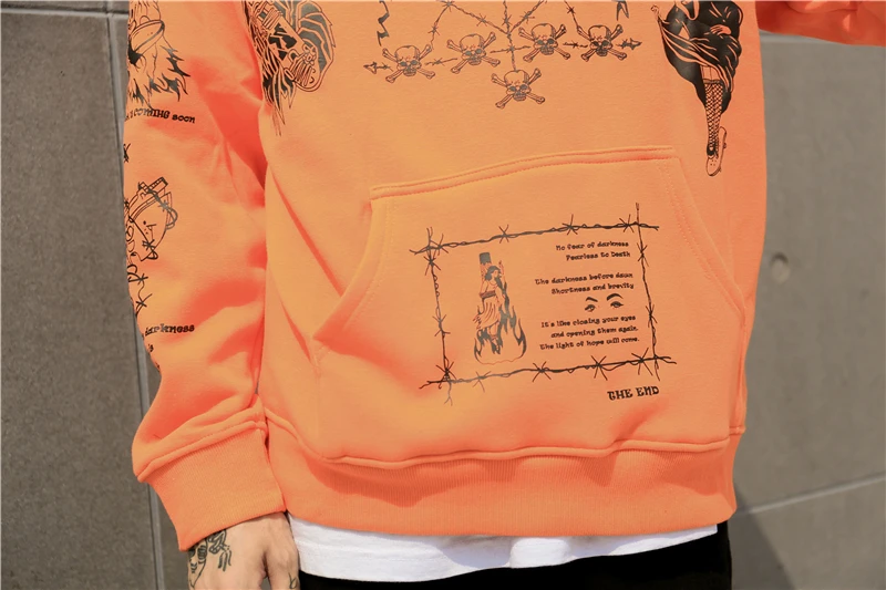Urban уличная толстовка с капюшоном мужская оранжевая черная хип-хоп толстовка с черепом Толстовка Swag негабаритных худи с граффити одежда