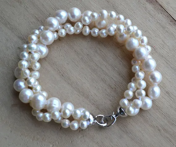 

New Arrival Favorite Real Pearl Bracelet White 3Rows 4-9mm Genuine Freshwater Pearls Fine Jewelry Charming Lady Gift