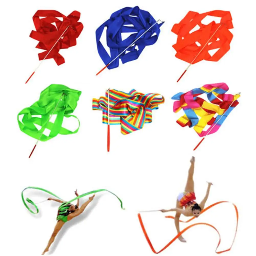 

Brightly-color Nylon Fiber Anti-slip Handle Wide Application 4m Gymnastics Rhythmic Dancing Ballet Ribbon Streamer Twirling Wand