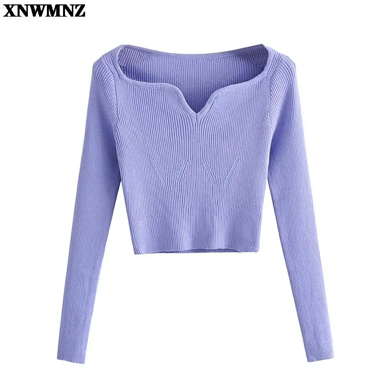 XNWMNZ Autumn Winter elasticity Short Square Collar Thin Knitted Pullovers Sweater Loose V-Neck Long Sleeve Women New Fashion