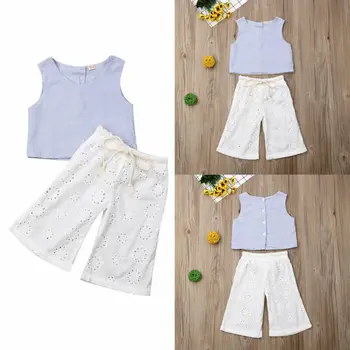 

Toddler Kids Baby Girl Linen Tops Hollow Trousers Pants Summer Clothes 2PCS Set