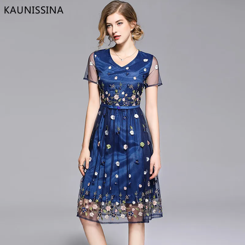 

KAUNISSINA Party Dress Summer Embroidery Mesh Cocktail Dresses Robe Formal Gown Short Sleeve V-neck Knee Length Elegant Vestidos