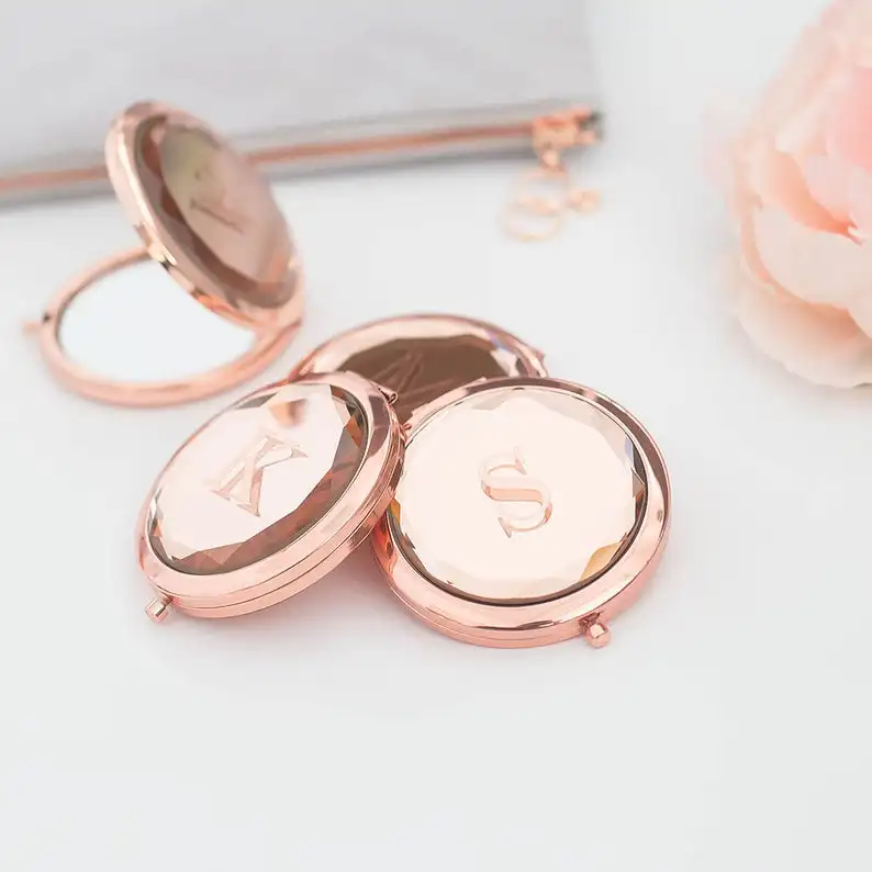 rose gold Mini Cute Luxury Crystal Makeup Mirror Double-Sided Folding Cosmetic Mirror Female Gifts Cosmetic Custom Lettering Pocket Mirror - Цвет: rose gold