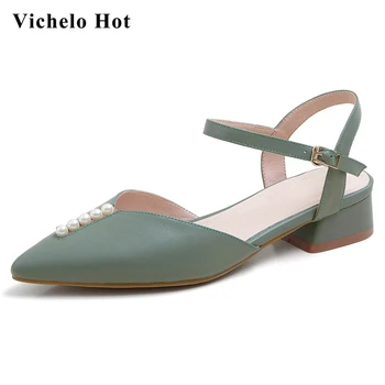 

Vichelo Hot 2020 new arrival natural leather pointed toe med heel pearl decorations beauty lady dating shallow sandals women L08