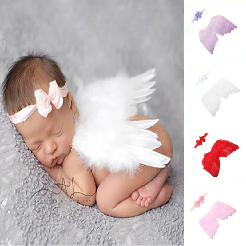 Girl & Boys Newborn Baby White Angel Wings Leaf Headband Photo Photography 