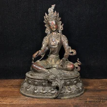 

9"Chinese Folk Collection Old Bronze Cinnabar Lacquer Green Tara Bodhisattva Lotus Terrace Sitting Buddha Ornaments Town House