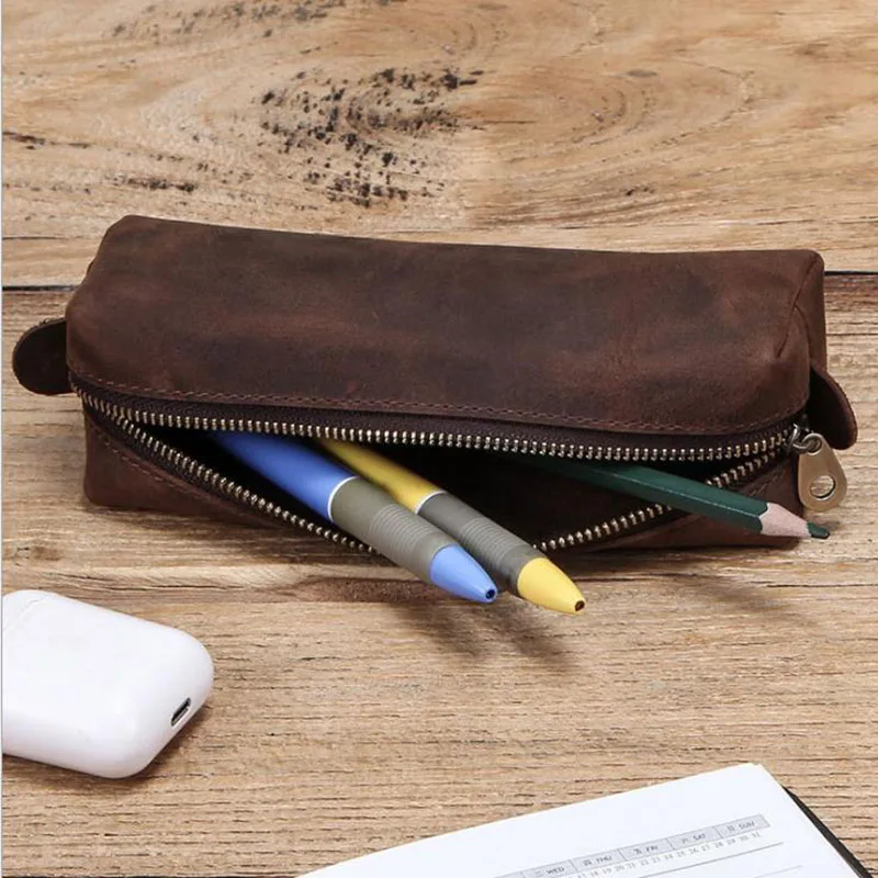 

Original Handmade Big Capacity Crazy Horse Cowhide Leather Pencil Bag Storage Cosmetic Bag Case for Bussiness &School as Gift