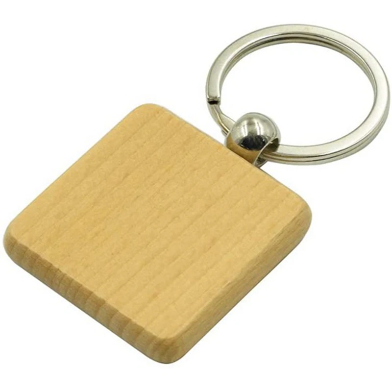 100Pcs DIY Blank Wooden Key Chain Square Carved Key Ring Wooden Key Ring About 40 x 40 mm