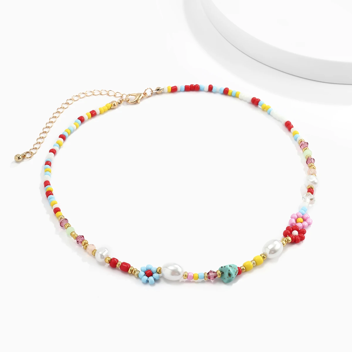 Ushiny Collana con perle colorate in stile bohémien, collana girocollo con perle finte, collana per anniversario, feste, gioielli per donne e ragazze, 1 Count (Pack of 1), Metallo Perla, Perla