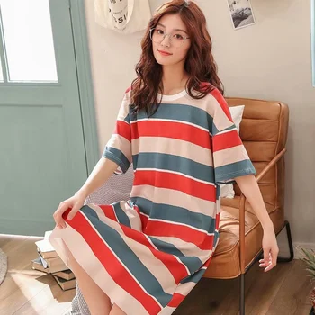 

Women Rainbow Striped Nightdress Sweet Loose Short-sleeved Nightgown Home Service