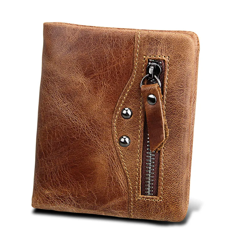 

Hot Sale Short Genuine Top Layer Cow Skin Crazy Horse Leather Male ID License Credit Card Cash Bag Real Cowhide RFID Men Wallet