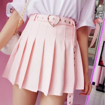 

Japanese Fashion Women Sweet Skirt High Waist Love Heart Belt Pleated Mini Skirt Harajuku Kawaii Gothic Female School Skirts
