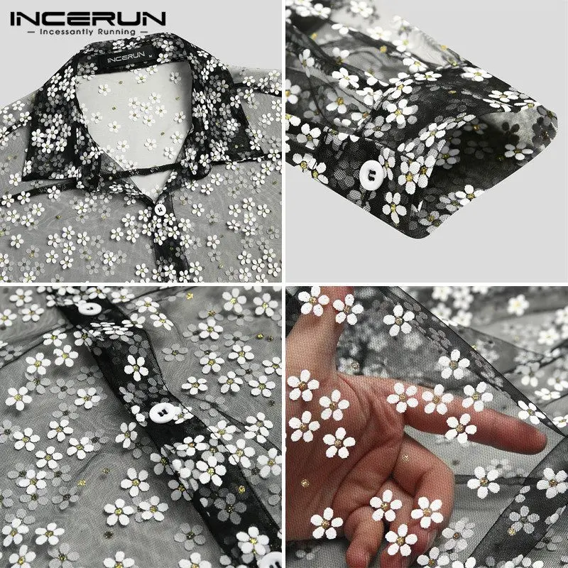 Fashion Men Long Sleeve Mesh Shirts Turn Down Collar Casual Printing Shirt Man See Through Loose Blouse Party long sleeve shirt men casual shirt