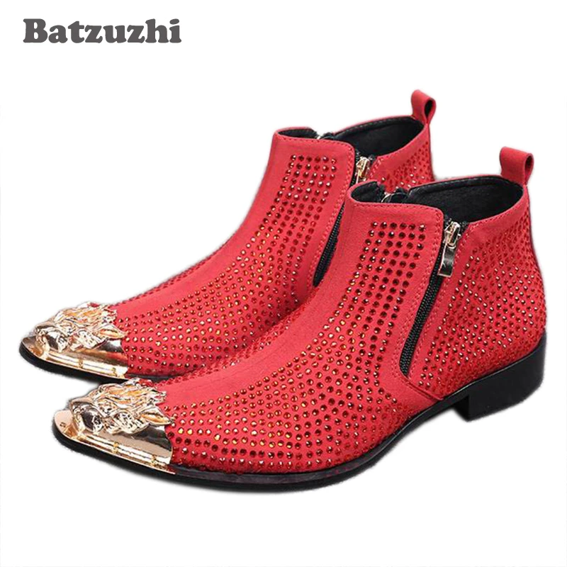 Batzuzhi Botines rojos con diamantes imitación para hombre, zapatos de cuero de ante, puntiagudos, con cremallera, color negro/rojo| | - AliExpress