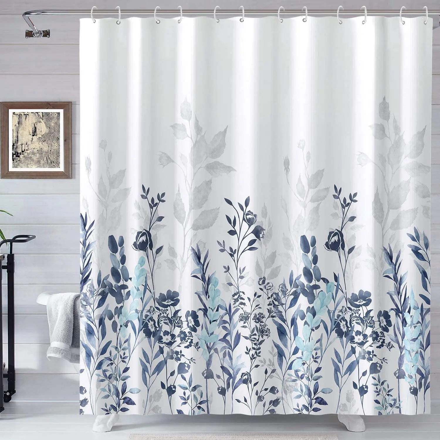 

Blue and Grey Flowers Leaves Shower Curtain Watercolor Floral Botanical Leaf Bathroom Decor Fabric Bathtub Hanging Curtains Set