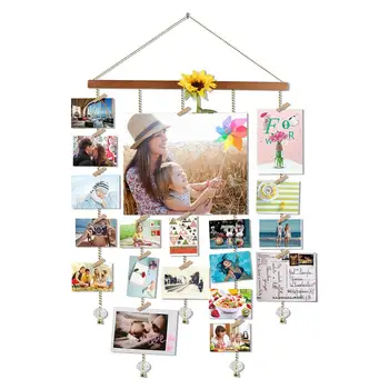 

DIY Wood Photo Display Picture Frame Collage by Multi Photo Display with Golden Chain with Crystal Pendant and 20 Clips 20E