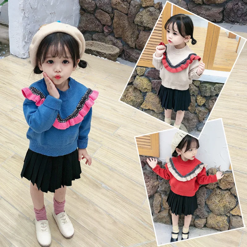 

Girl'S Sweater 2019 Autumn Clothing CHILDREN'S Sweater Lace Western Style Item Korean-style Little Girl Sweater Base Shirt