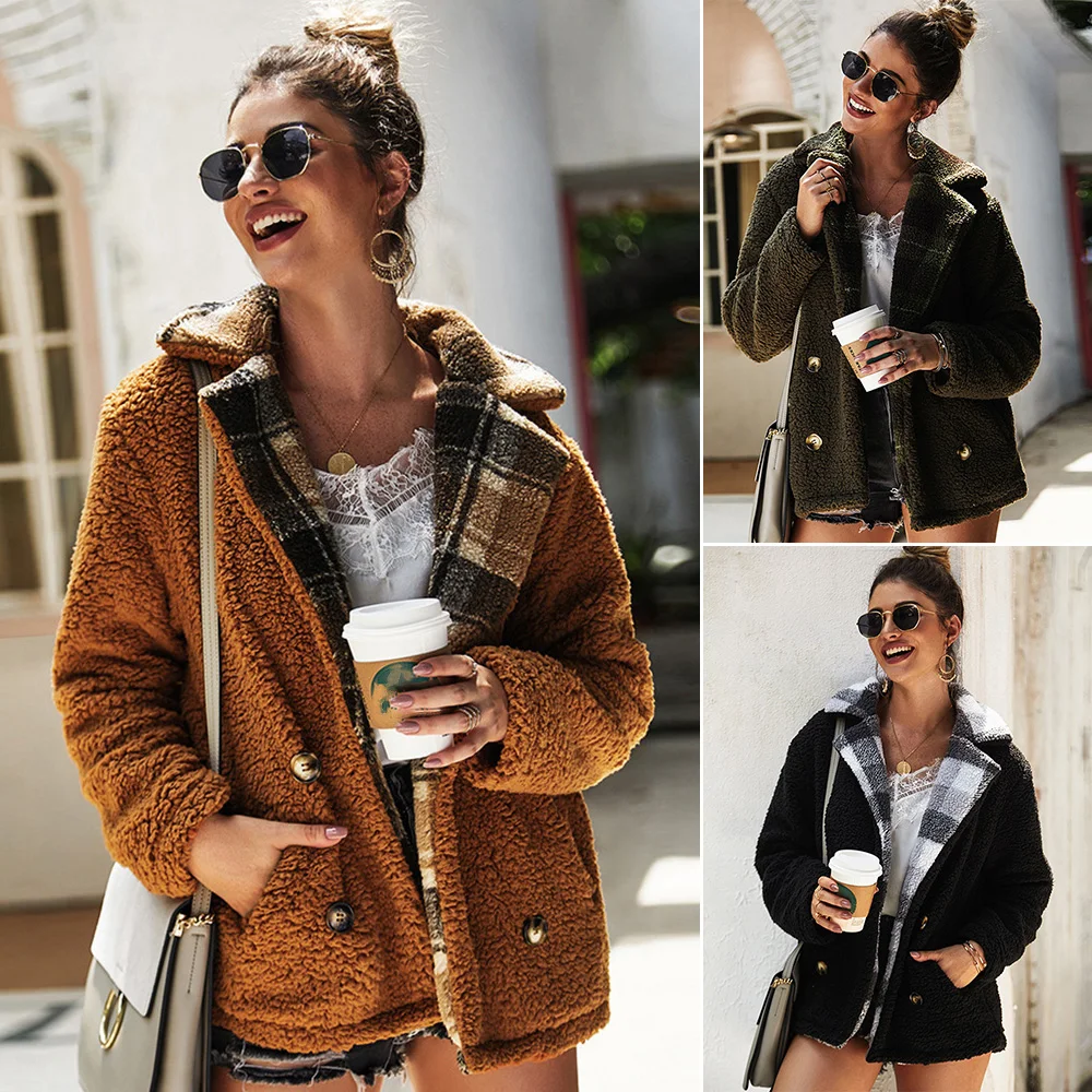 New Ladies Coat New Plaid Lapel Autumn Winter Casual Button Down Pocket Fashion Women Jacket Tops