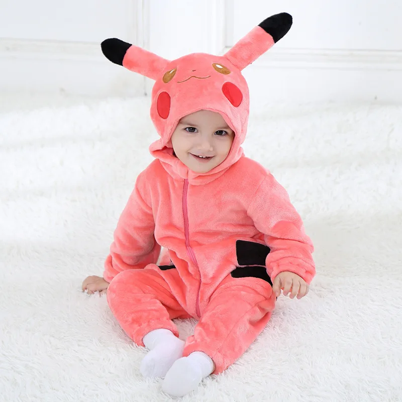 Baby girls Clothes Pikachu Winter Rompers Overall with Zippers Cute Animal Hooded Jumpsuit Costume macacao Bebe Inviernos