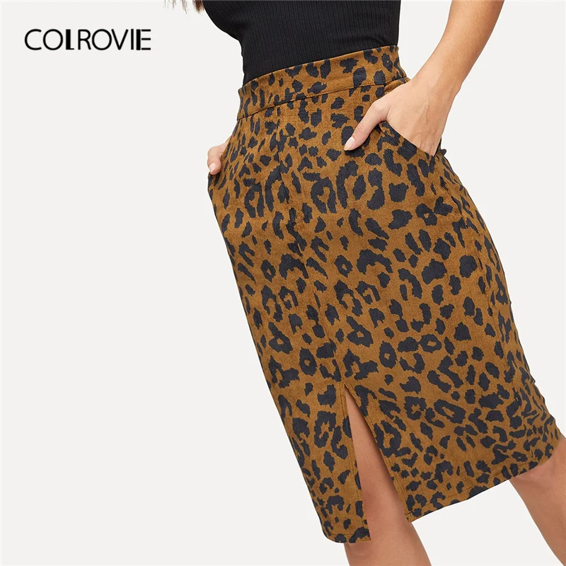 COLROVIE Cheetah принт Сплит юбка из рубчатого плиса женская одежда повседневная юбка средней длины Осень модные женские леопардовые юбки-карандаш