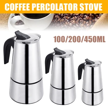 

New Stainless Steel Moka Espresso Maker 100-450ml Coffee Pots Home Office Wide Bottom Coffee Percolator Stove 2/4/6/9 Cups
