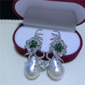 

14x21MM White Keshi Pearl Earrings Green Cz Pave Flower Earrings