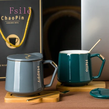 

FSILE Creative Ceramic Mug Nordic Coffee Cup Office Water Cup Breakfast Cup Milk Cup Spoon Tea Cup Couple Business Gift Cup