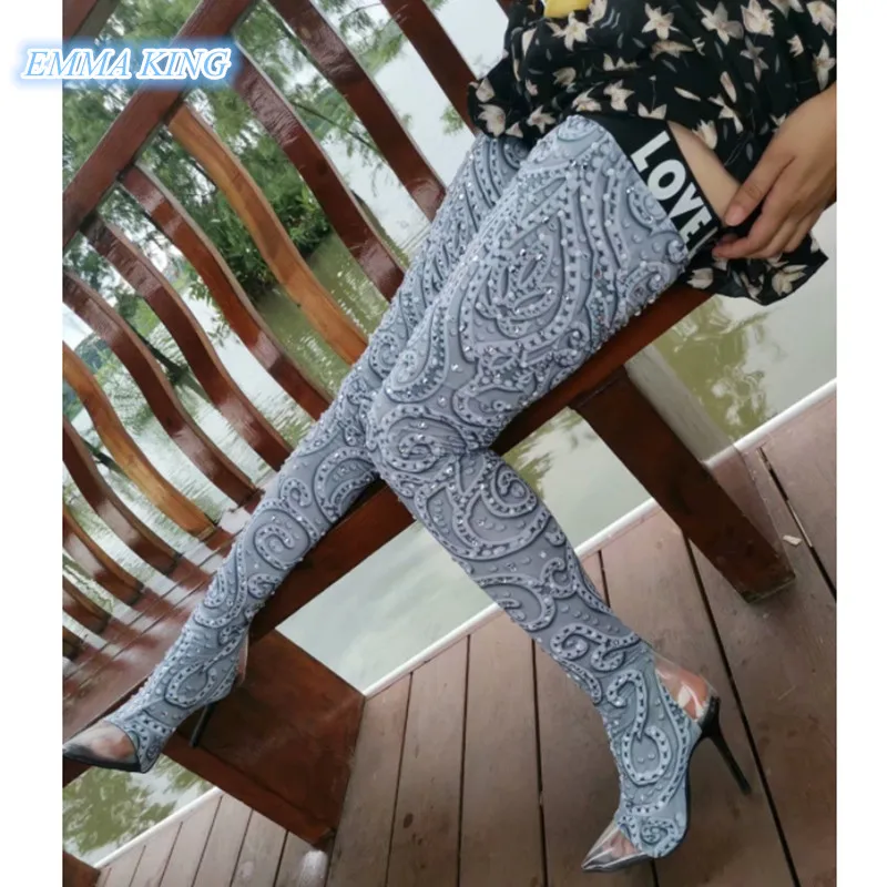 

Gray Rhinestones Prints Fashion Stilettos Over Knee Boots Women 2019 Autumn New Stretch Slip-On Pointed Toe High Heel Long Boots