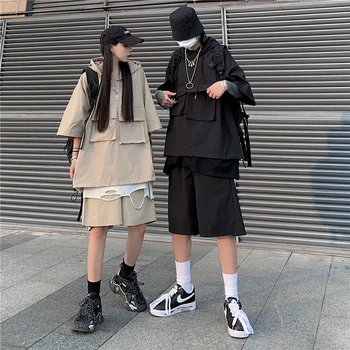 

Fashion ins functional tooling wind irregular patch pocket hooded jacket and Shorts Set