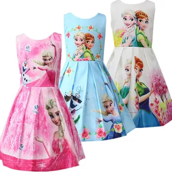 

summer girls dress anna elsa Princess Cartoon print sleeveless vest dresses Thin Casual Snow Queen Cosplay Party costume