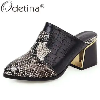 

Odetina Women Fashion Block Thick High Heel Retro Mules Pumps Ladies Slingbacks Plaid Round Toe Slip On Snakeskin Casual Pumps