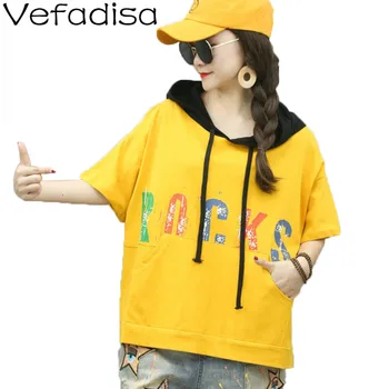 

Vefadisa Plus Size Hoodie T-shirt Letter Print Women T-shirt 2020 Summer Short Sleeve Top Loose Casual Female T-shirt QYF2610