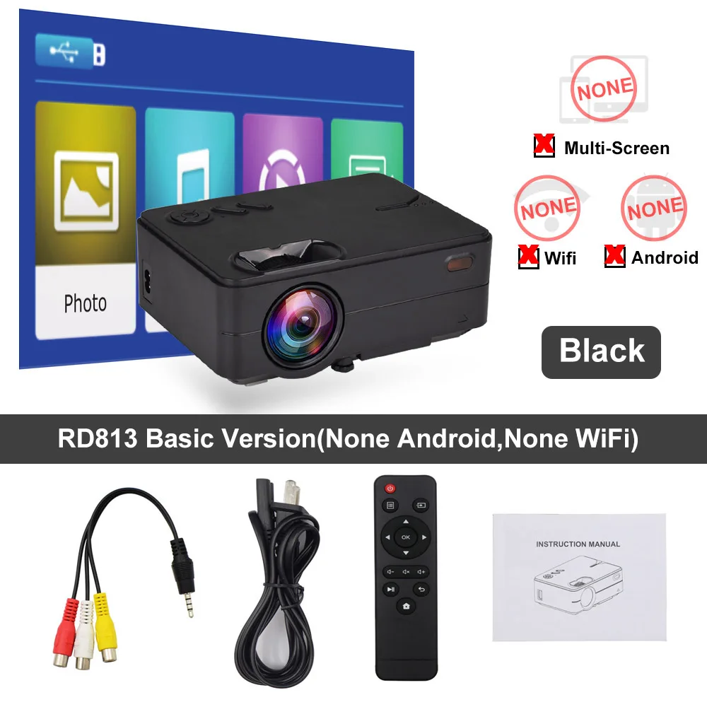 Basic version black Rigal RD813 мини светодиодный проектор, WiFi, мультиэкранный проектор, 2000 люмен, портативный домашний кинотеатр, умный 3D кинопроектор HD - Цвет: Basic version black