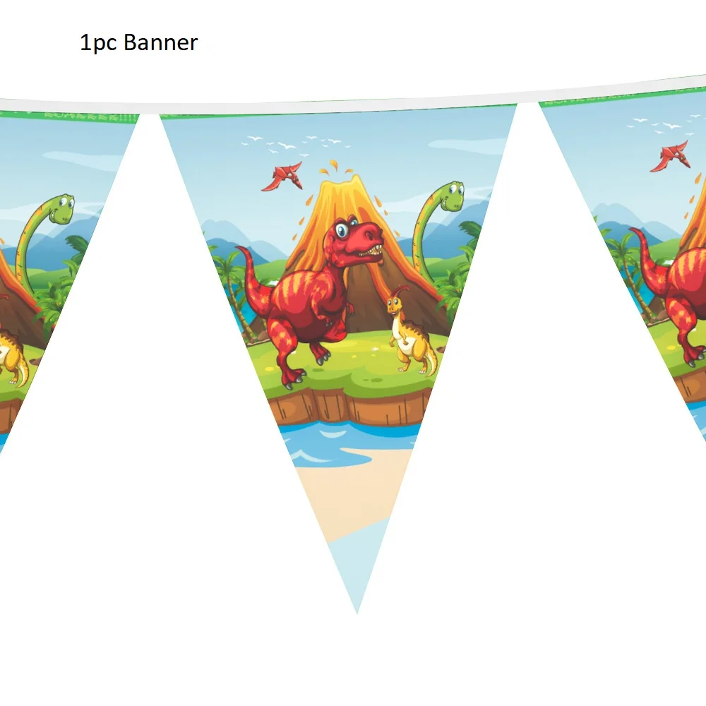 Dinosaur Party Tableware Paper Plate Cup Napkins Tablecloth Banner Happy Birthday Event Party Supplies for Boys - Цвет: 1pc Flag Banner