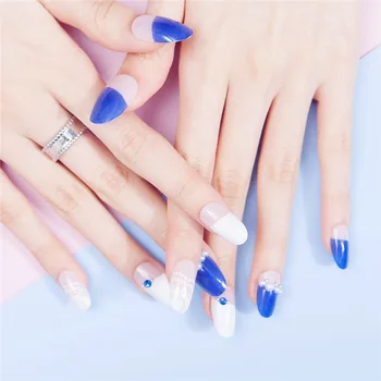 

24pcs/Set Mixed Blue White Fake Nails Middle Long Round Flower Pearl Decal Wedding Bride Nail Art Tips Nail Makeup False Nails