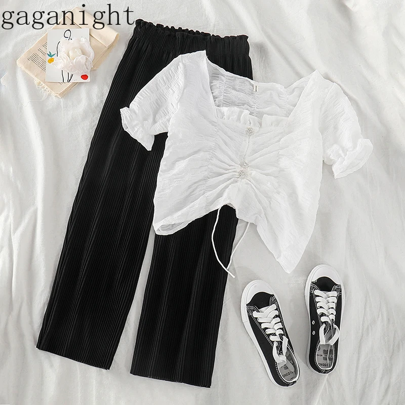 

Gaganight Korean Ins Causal 2 Pcs Women Set O Neck Tie Design Pullover Chiffon Shirt + High Waist Hip Wide Leg Pants Slim Suit