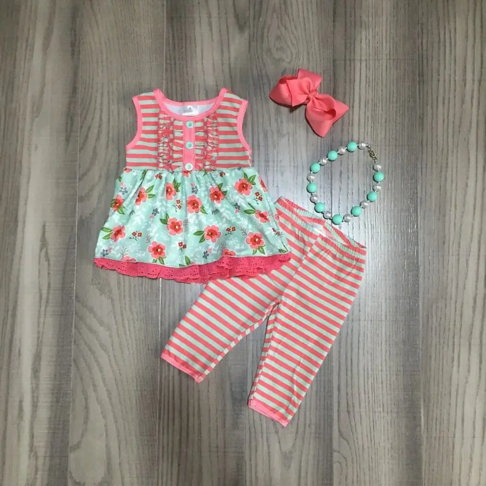 

baby Girl summer coral outfit girls floral top stripe pant children outfit with accessories