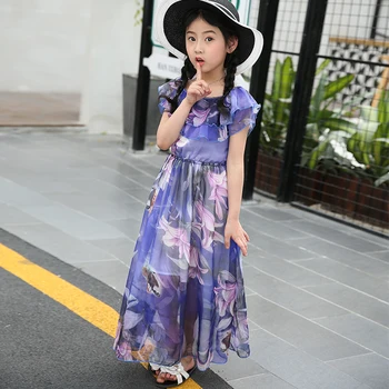 

Summer Girls Dresses Shoulderless Beach Dress 4-13 years old Floral Pattern Children's Clothing Ankle-Length Kids Clothes