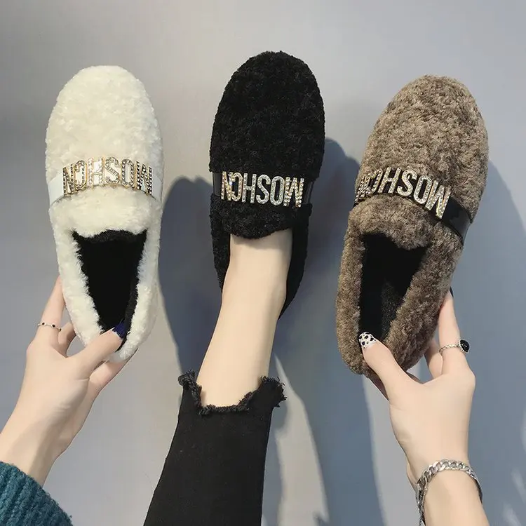 

2019 Winter New Style Fashion Furry Moccosins Women's Winter plus Velvet Outer Wear Cotton Scoop Shoes Network Red Lambs Wool Sl